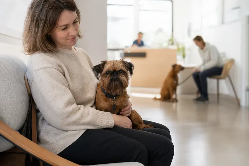Ein Brüsseler Griffon sitzt ruhig neben seinem Besitzer im hellen Wartezimmer einer modernen Tierarztpraxis.